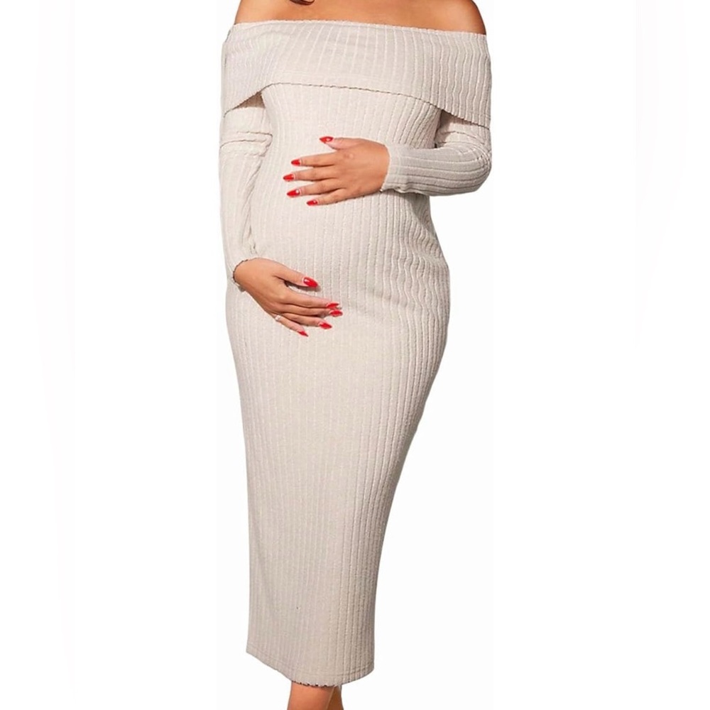 Long sleeve rib-knit off shoulder maternity dress beige XL